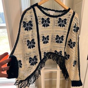 House of Harlow 1960 Cream & Black Crocheted Floral Fringe Poncho Sweater